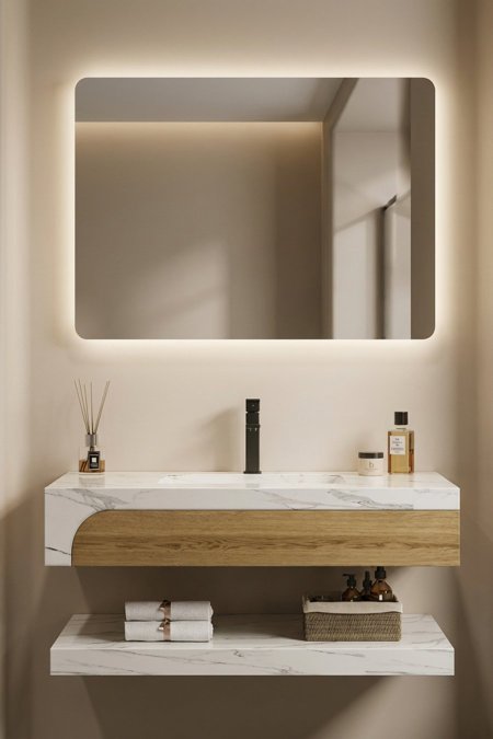 مغسلة حمّام عائمة رخامي/خشب مودرن